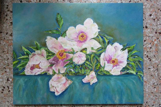 Tree Peonies - Large Original Oil Floral Painting Macro Spring Flowers Home Art Luxury Decor 90x70 cm (35.4x27.6 in)