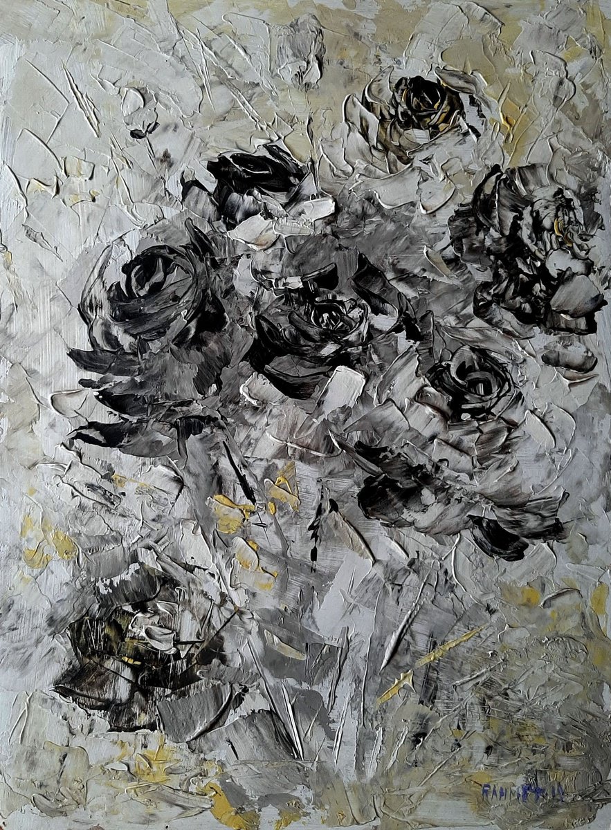 Impressionistic Botanical Acrylic Painting By Rakhmet Redzhepov, 16 X 22", Black Roses, Original Artwork