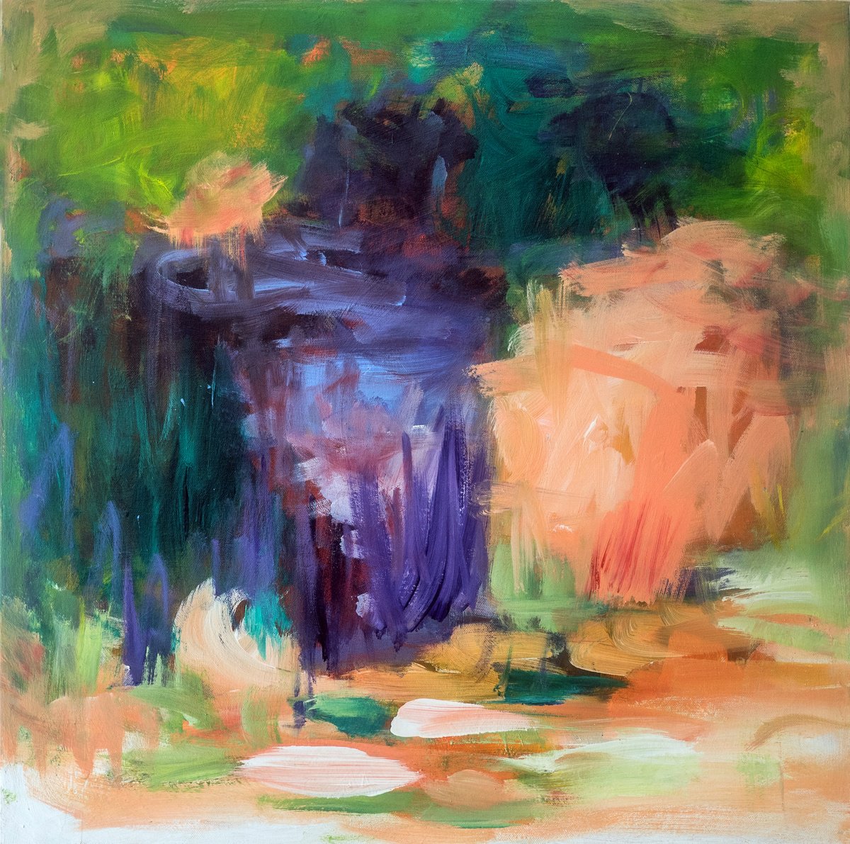 Abstract Landscape Acrylic Painting By Davina Nicholas, 24 X 24, Violet And Deep Green, Original Artwork