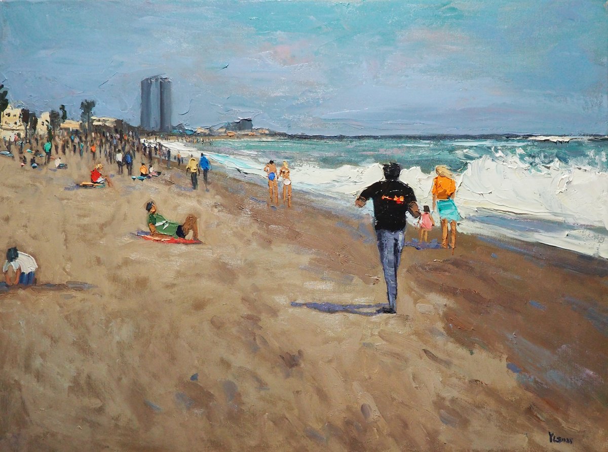 Impressionistic Landscape Oil Painting By Yuanyuan Liu, 31 X 24", On The Beach, Original Artwork