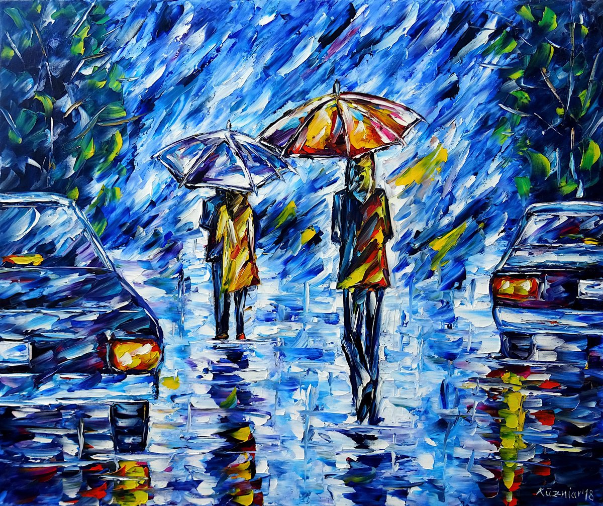 Expressive Cityscapes Oil Painting By Mirek Kuzniar, 24 X 20", Rainy Day, Original Artwork