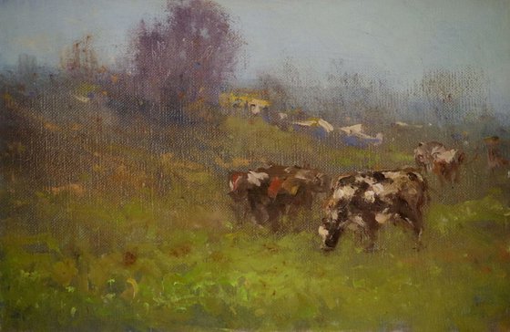 Cows in the Meadow, Landscape, Original oil Painting, Impressionism, Signed, One of a Kind