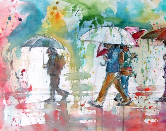 Walking people at rain