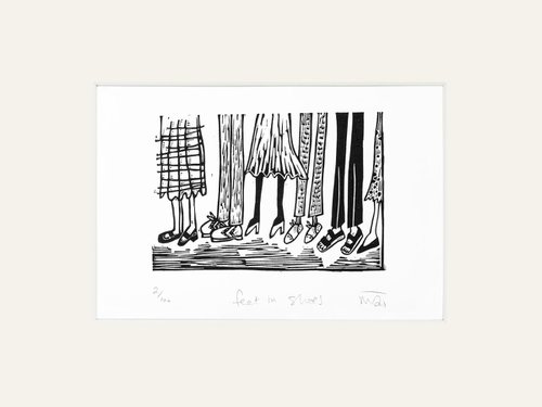 Feet in Shoes - lino cut print by Melanie Wickham