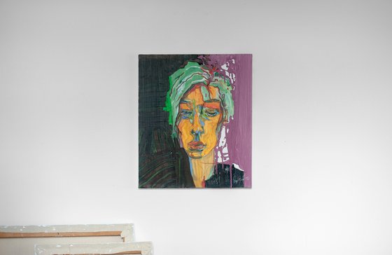 portrait woman beautiful face green hair portrait painting emotional figurative acrylic abstract wall art