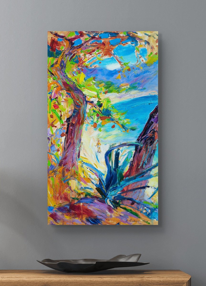 Expressive Landscape Oil Painting By Helen Shukina, 16 X 28, Sunny Beach And Agaves, Original Artwork