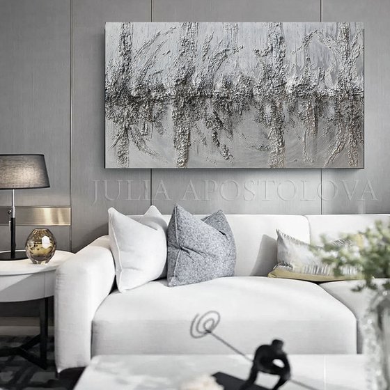 Luxury Wall Art, Original Painting, Silver Painting, Unique Sculpture Art, Relief, Contemporary Ready to Hang Rich Texture Abstract, 3d Textured Painting Gray Art Unique Artwork For Modern Decors ''Silver Moonlight'' by Julia Apostolova