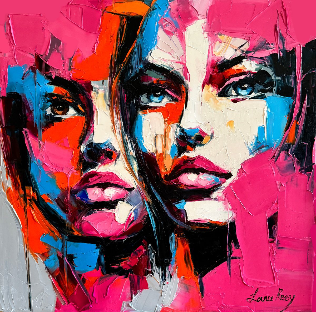 Expressive Portrait Oil Painting By Lana Frey, 31 X 31", Pink Mix, Original Artwork