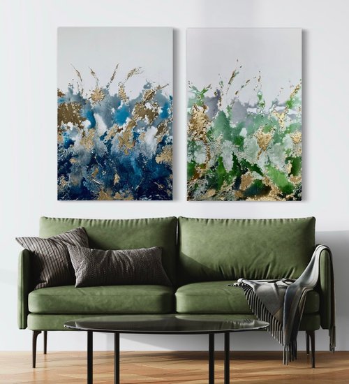 Sapphires And Emeralds - Abstract Diptych by Sarah Berger