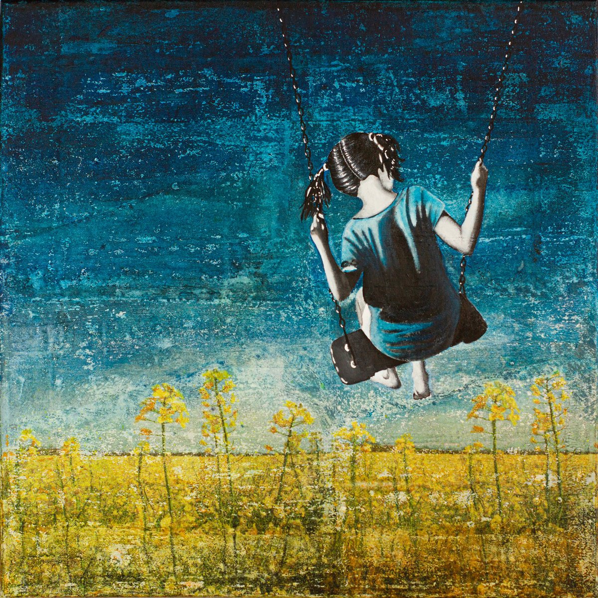 Surrealistic Landscape Painting By Db Waterman, 20 X 20, Indigo Swing, Original Artwork