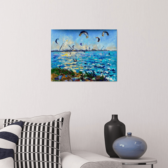 Kitesurfing - Сatch before sunset, 47*37cm, impressionistic oil impasto landscape painting
