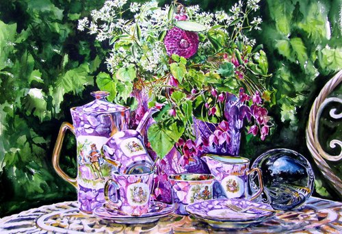 Still life with tea set in the garden by Kovács Anna Brigitta