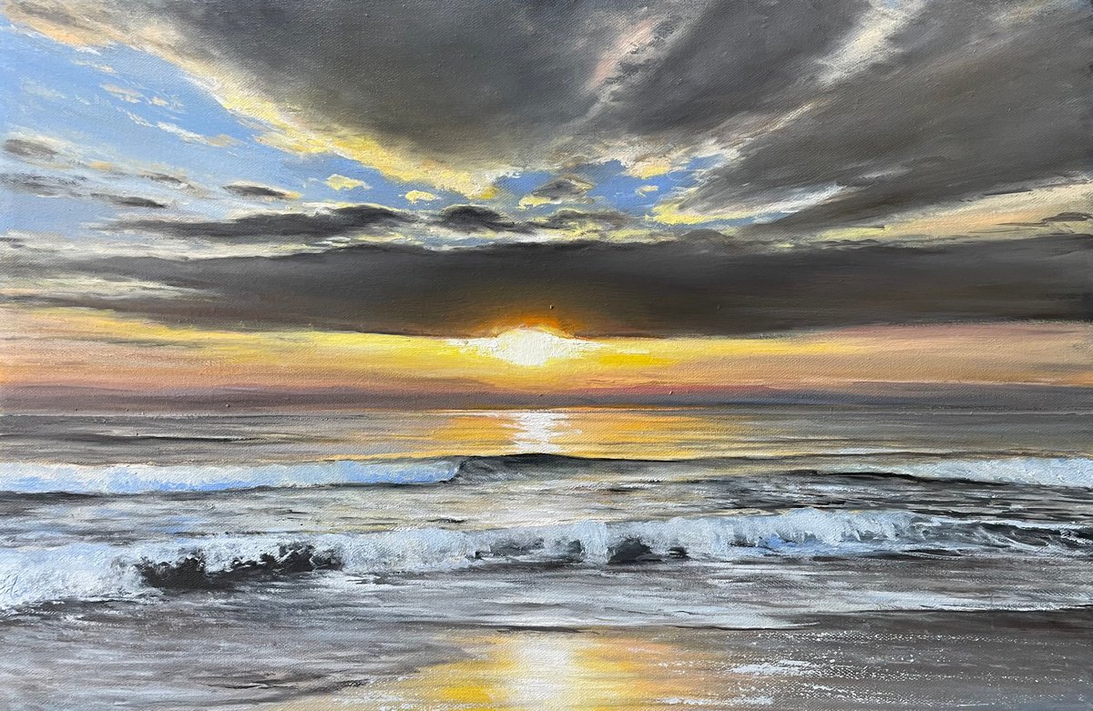Photorealistic Landscape Oil Painting By Aflatun Israilov, 24 X 16, Sunset Sea, Original Artwork