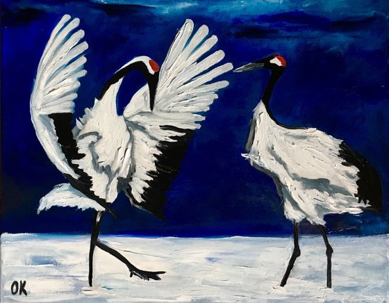 Dancing craines. Best present . Happy couple. Birds.