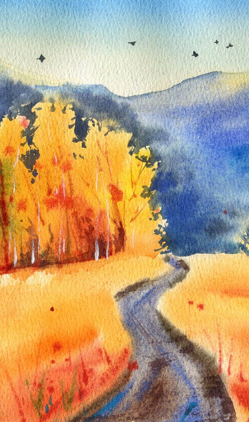 Colorful autumn landscape. The road to the mountains. Original watercolor artwork. by Evgeniya Mokeeva