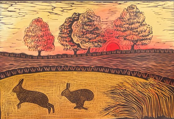 Limited edition handmade Linocut. Two Hares at Sunset 15/50