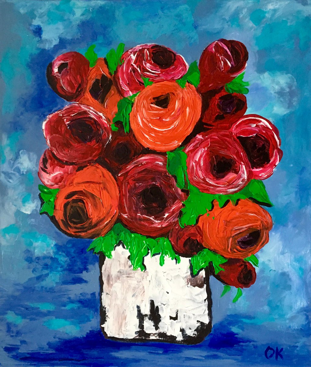 BOUQUET OF Red Roses textured acrylic painting, palette knife artwork by Olga Koval