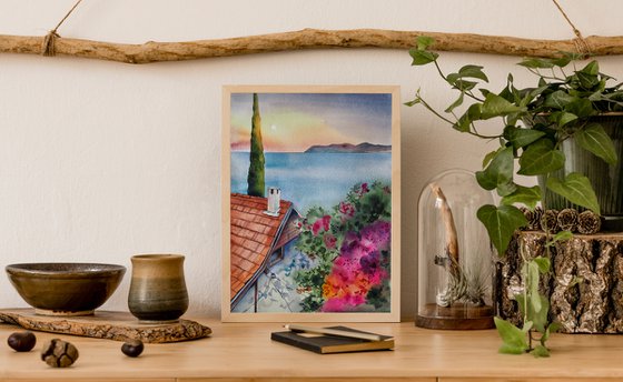 Mediterranean vibe - original watercolor cityscape seaview