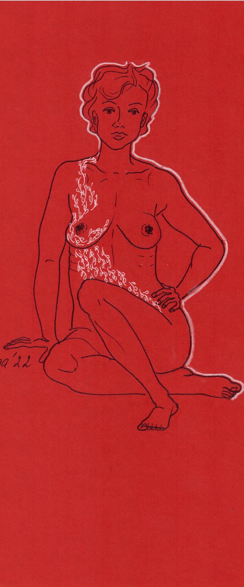 Nude woman - Red and white sensual portrait - Erotic mixed media drawing by Olga Ivanova