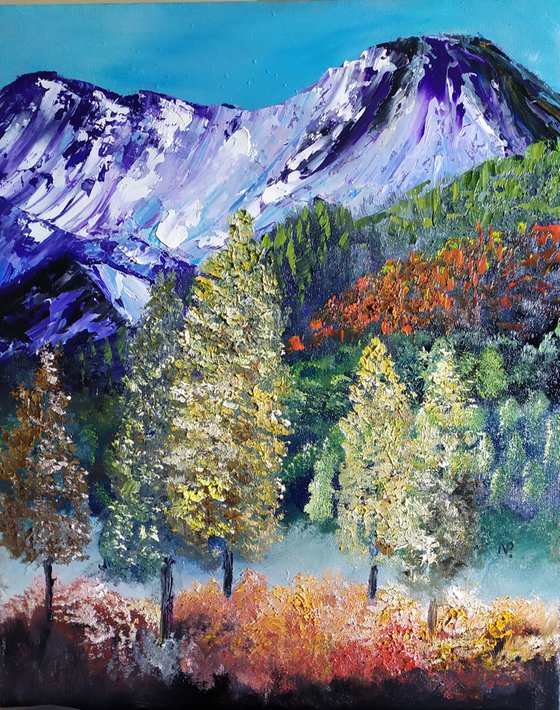 Touch the sky, original autumn landscape with mountains and trees, bedroom art