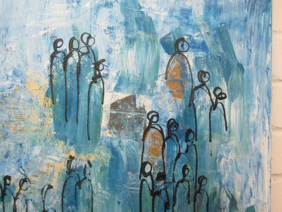 abstract blue People  Acryl and Oilpainting Collage on canvas  31,5 x 47,2 inch