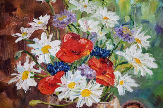 Wild Flowers Painting, Bouquet Round Oil Painting on Canvas, Floral Original Wall Art