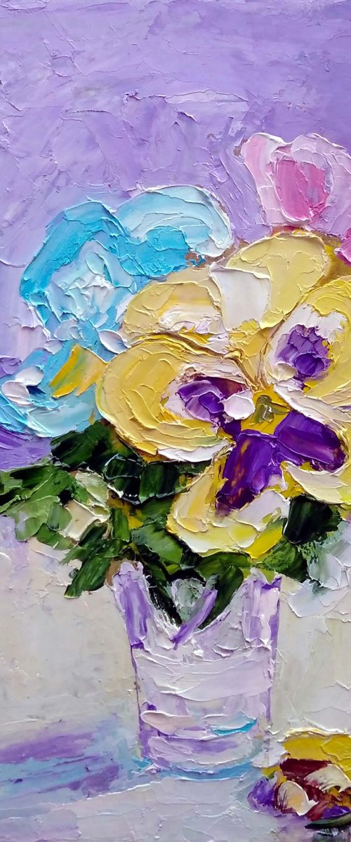 The bouquet of pansies, Bouquet of Violets Painting Original Art Small Flower Artwork Floral Wall Art by Yulia Berseneva