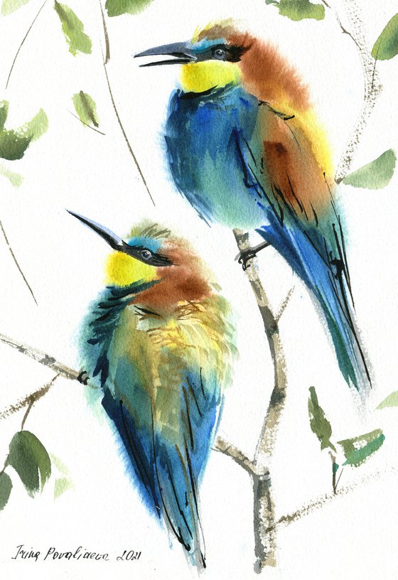 Golden bee-eater birds watercolor painting with bright birds on brunch, living room decor