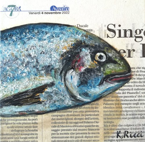 "Fish's Head  on Newspaper" Original Oil on Canvas Board Painting 6 by 6 inches (15x15 cm) by Katia Ricci