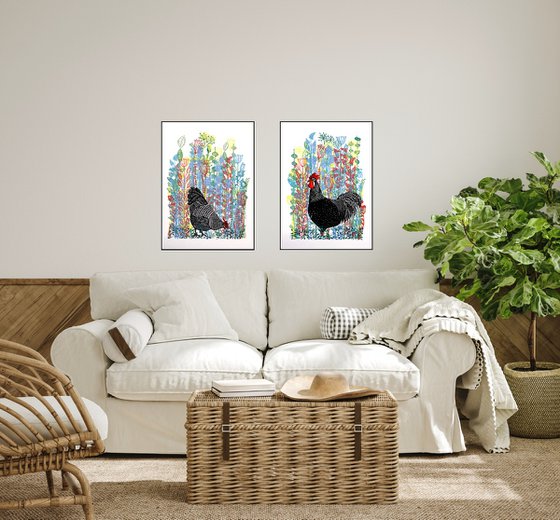 Rooster and Hen print set