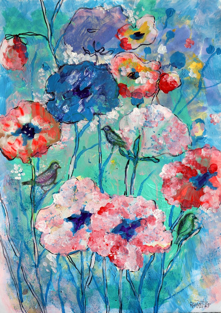 Impressionistic Botanical Acrylic Painting By Rakhmet Redzhepov, 17 X 23", Fantasy With Flowers 280, Original Artwork