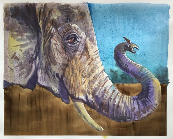 Elephant and mouse. Painting of elephant. Safari art, home decor