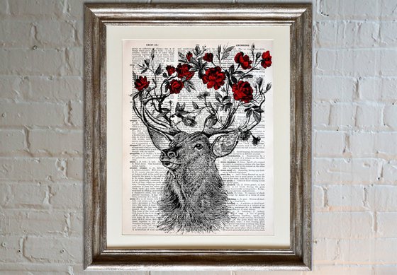 Deer Antler Flowers - Collage Art Print on Large Real English Dictionary Vintage Book Page