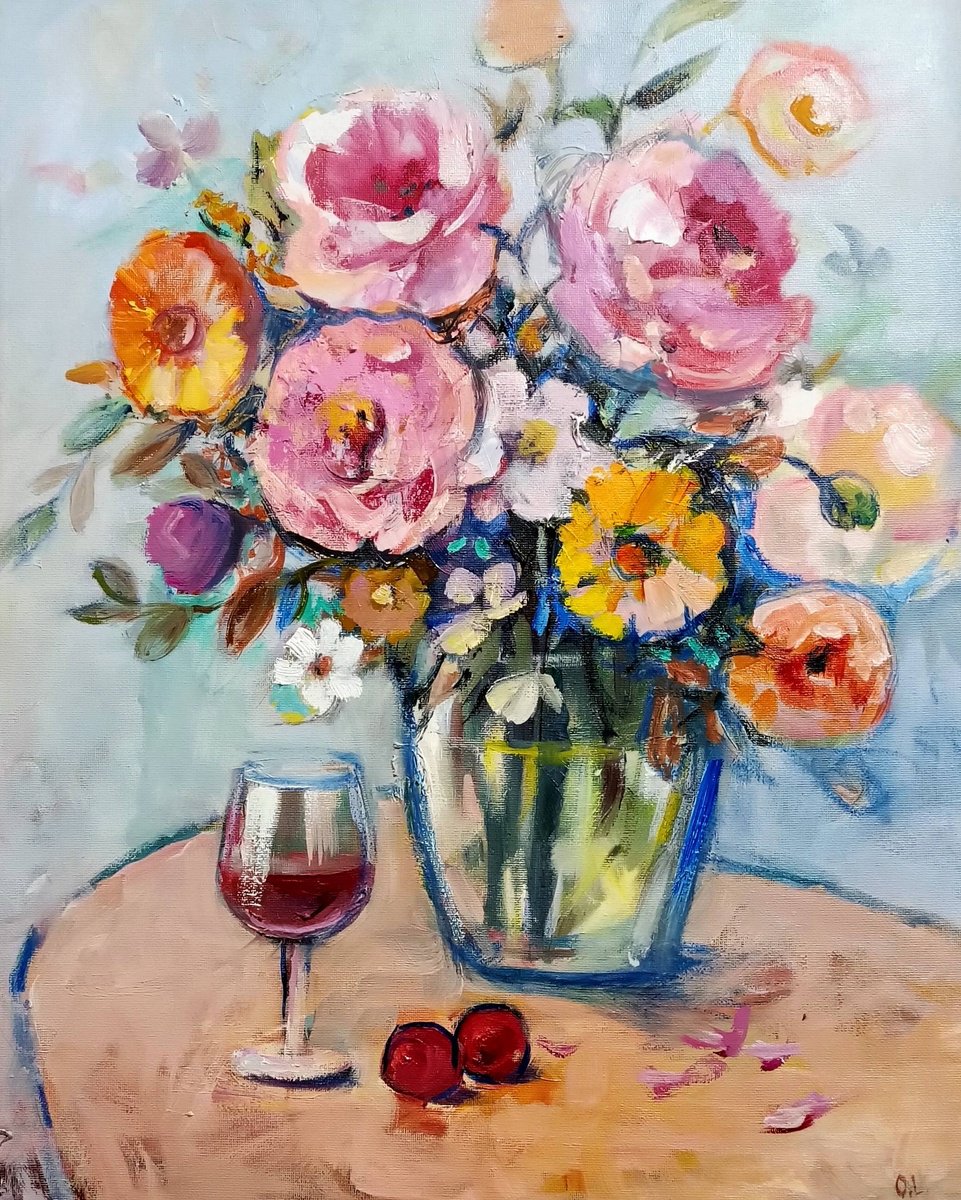 Impressionistic Botanical Oil Painting By Olga Lomax, 16 X 20", Flowers In A Vase, Original Artwork