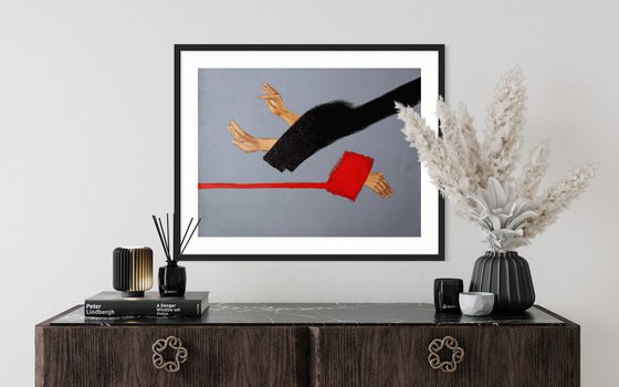 Find me - oil painting, unusual gift, red line Painting
