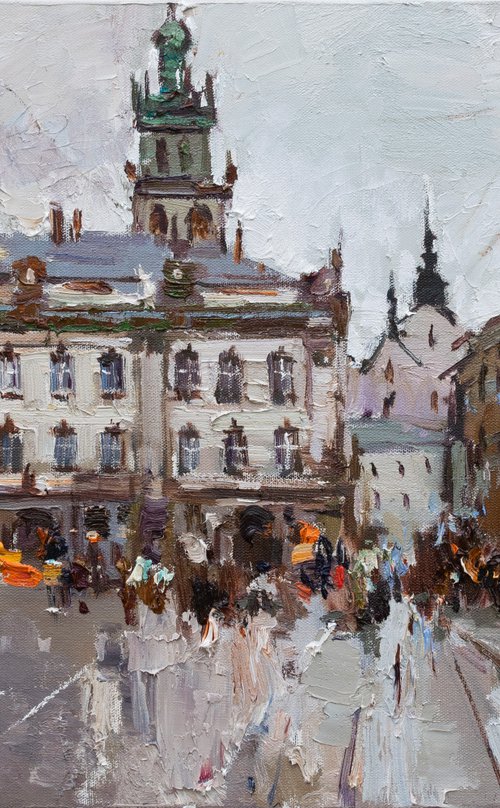 Lviv. Original oil painting evening city of Lviv, Ukraine, landscape painting by Anastasiia Valiulina