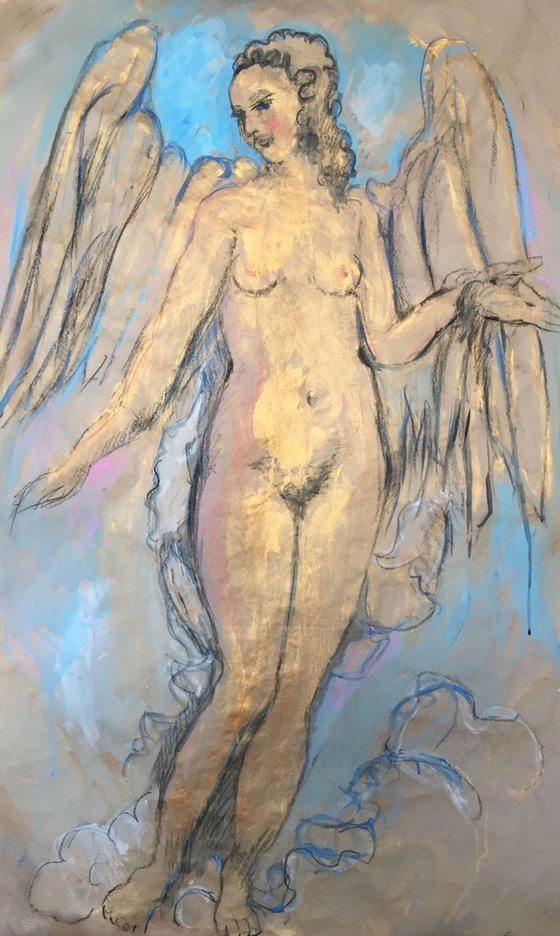 ANGEL - Graphics - Drawing - XL Large Nude Art - original painting drawing angel love gold beautiful female nude Paris architecture - Christmas gift