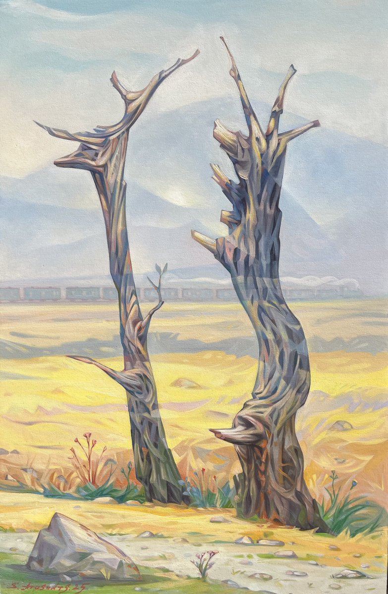 Abstract Landscape Oil Painting By Samvel Atasunc, 24 X 35", At The Moment Of Farewell, Original Artwork