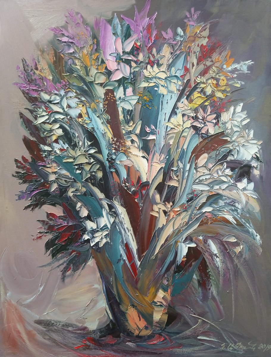 Abstract flowers(70x90cm, oil painting, palette knife) by Kamo Atoyan