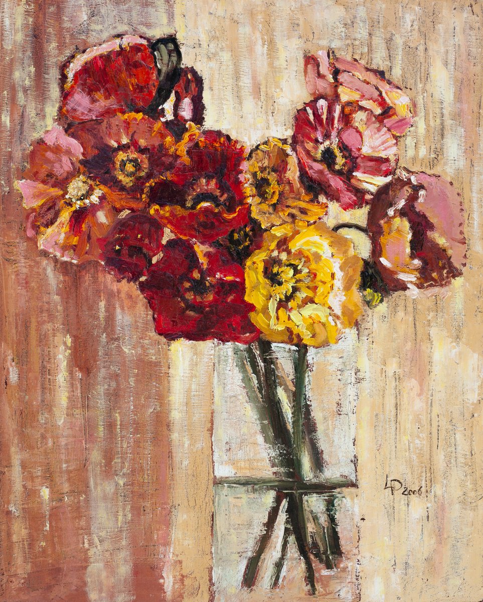 Botanical Oil Painting By Liudmila Pisliakova, 16 X 20", Poppies In A Vase, Original Artwork