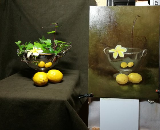 Still life with ivy, lemons and frangipani