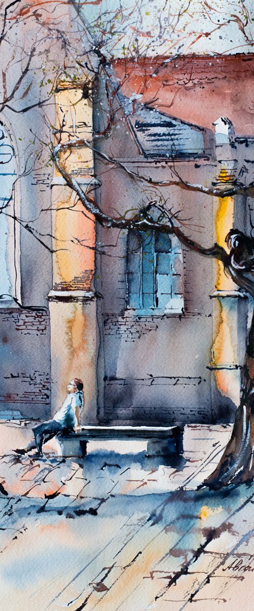 Lunch break. First spring sun. Original watercolor picture by Marina Abramova