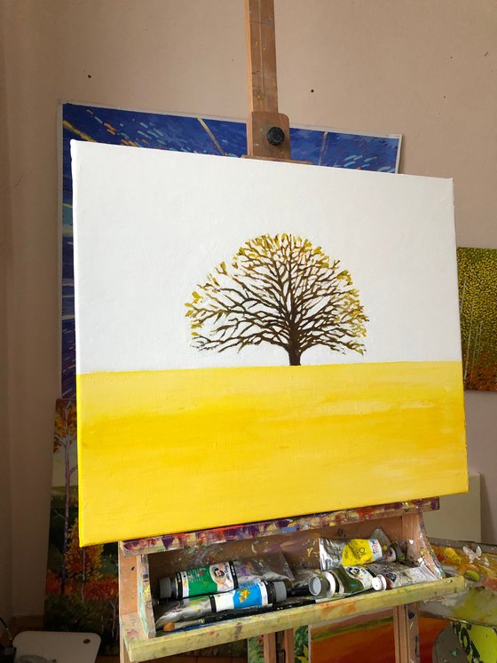 Lonely tree in yellow field, minimalist oil painting, tree of life