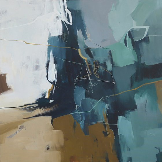 "Trino" Teal white brown abstract art