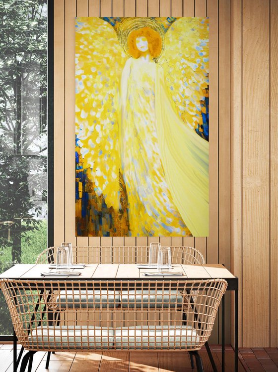 Sunny Angel. Huge 200 x 120 cm artwork. Magical radiance of the soul. Bright futuristic fantasy fabulous esoteric surreal mystery harmonious golden yellow art. Meditation relaxation pray aura grace Large format wall art on canvas