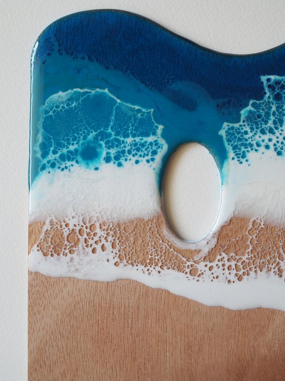 Rectangular artist palette with sea #3 - original resin artwork on wood artist tool