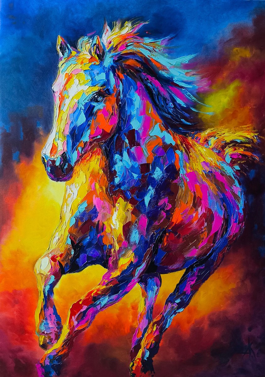 Expressive Animal Oil Painting By Anastasia Kozorez, 24 X 33, Fiery Momentum, Original Artwork