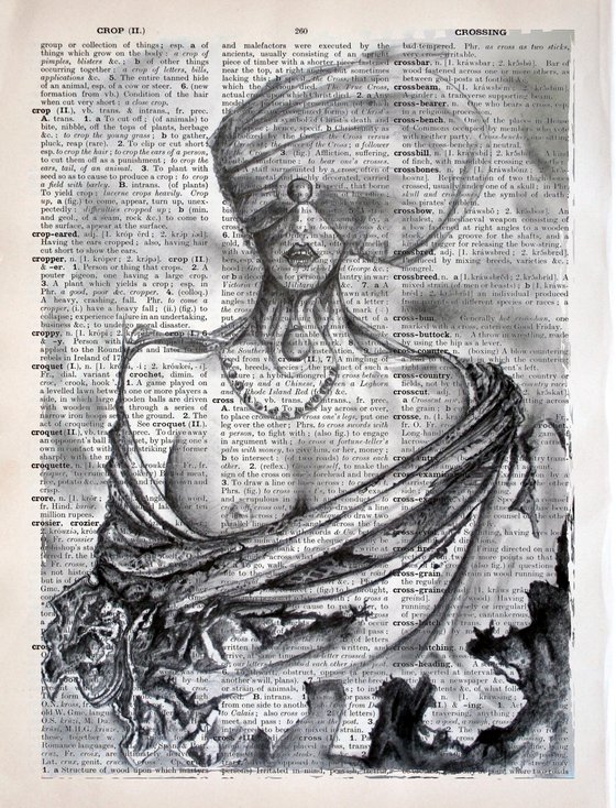Surreal Girl - Collage Art on Large Real English Dictionary Vintage Book Page