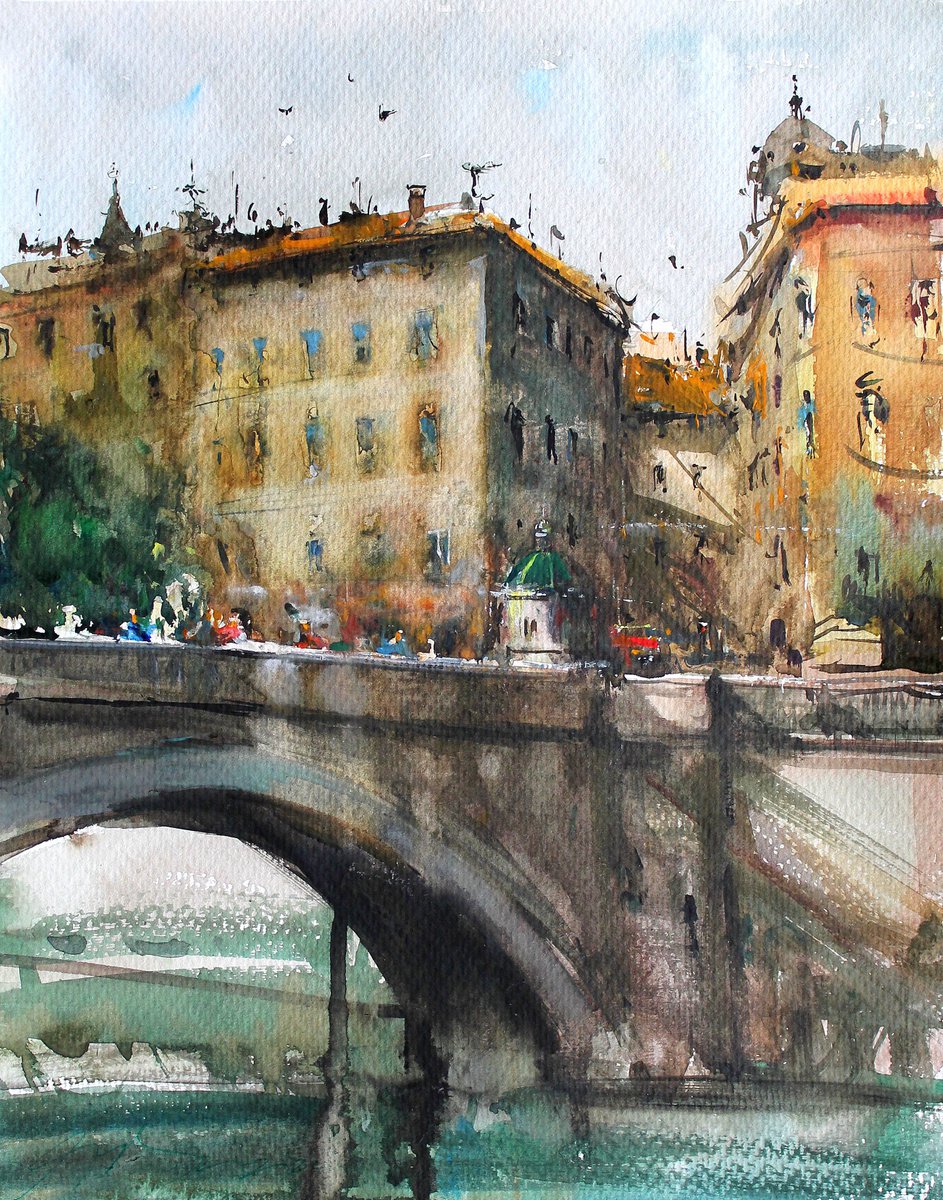 Impressionistic Cityscapes Watercolour By Maximo Damico, 8 X 11", Prague StS?elecki? Ostrov, Original Artwork