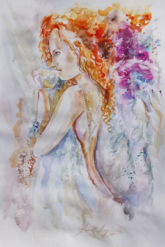 Red-haired woman watercolor on paper
